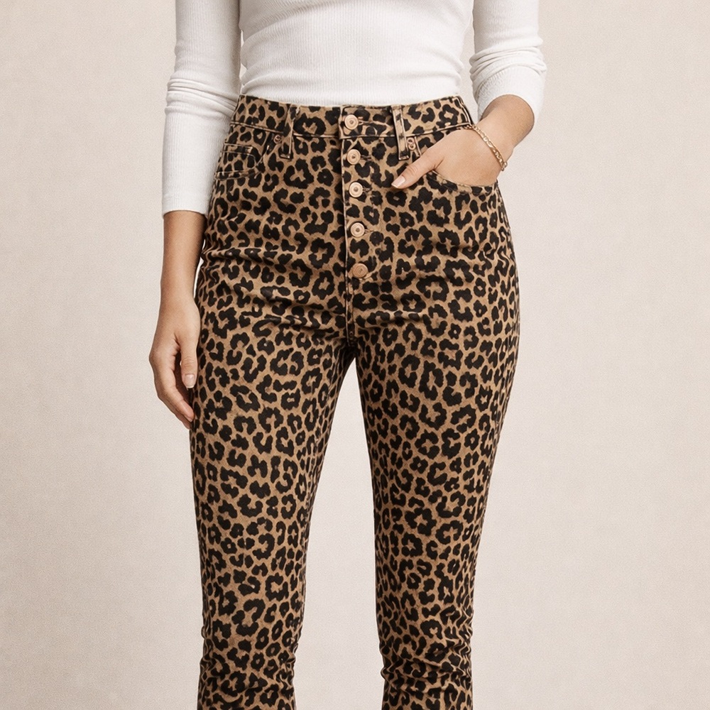 J. Crew Leopard Print High-Rise Skinny Jeans 9” Rise Button Fly Size 28 29
